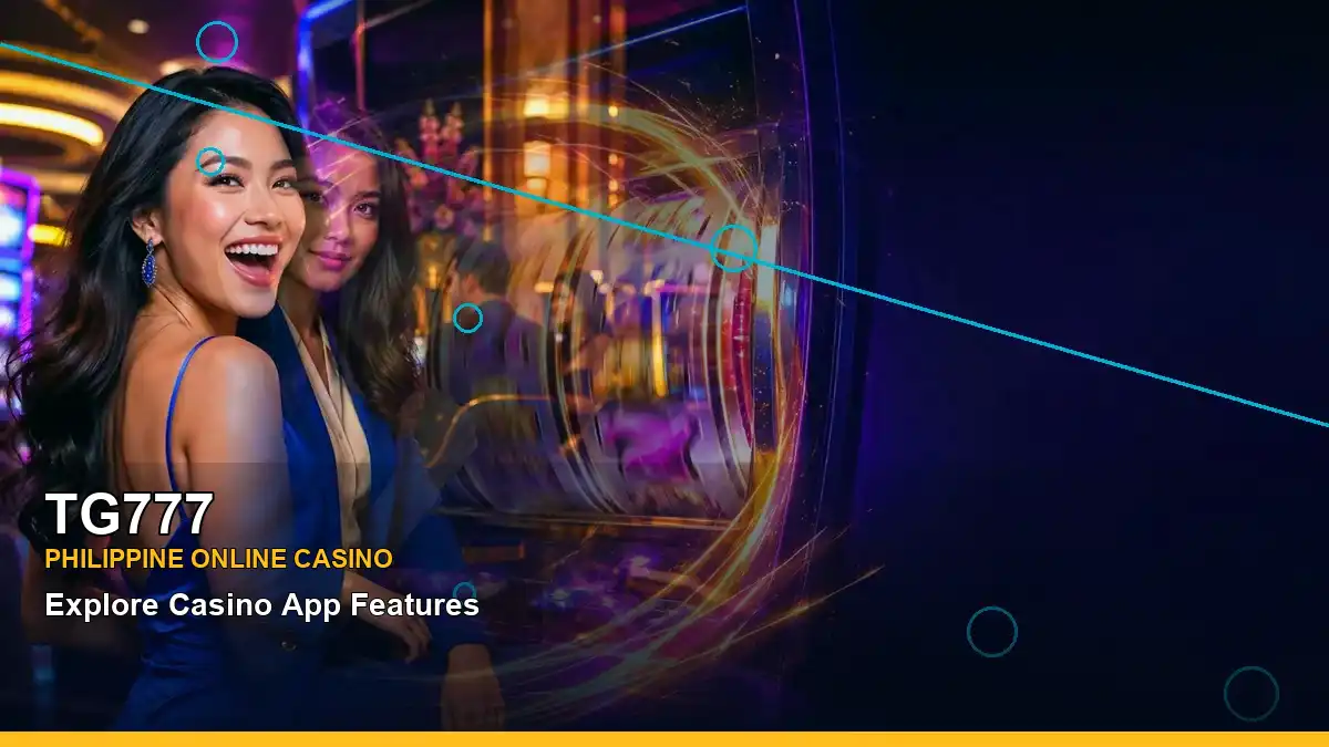 TG777 mobile casino information image with an adult Filipina presenter